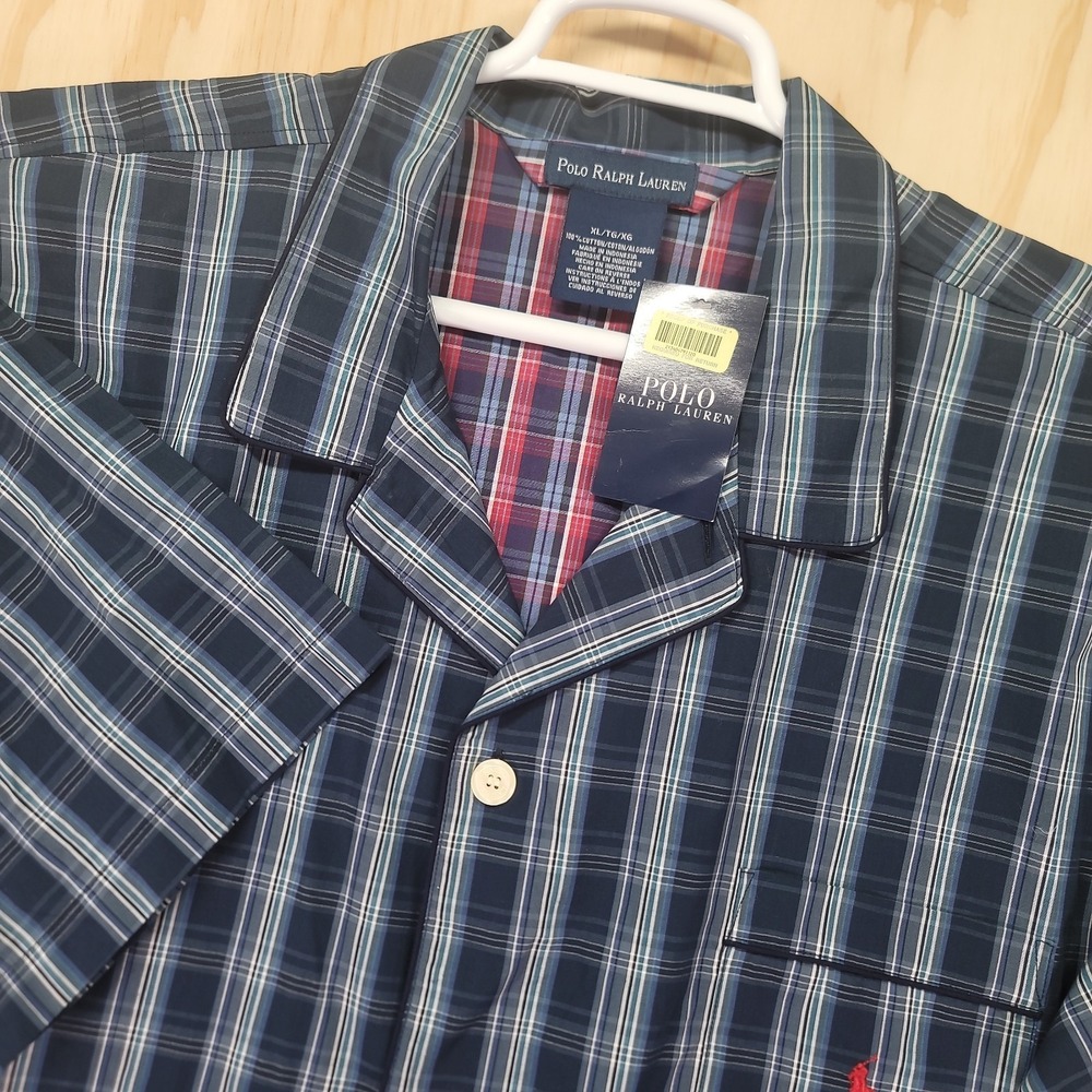 Polo Ralph Lauren Sleepwear Pajama Shirt‎ Mens XL Blue Button Up Plaid NWT